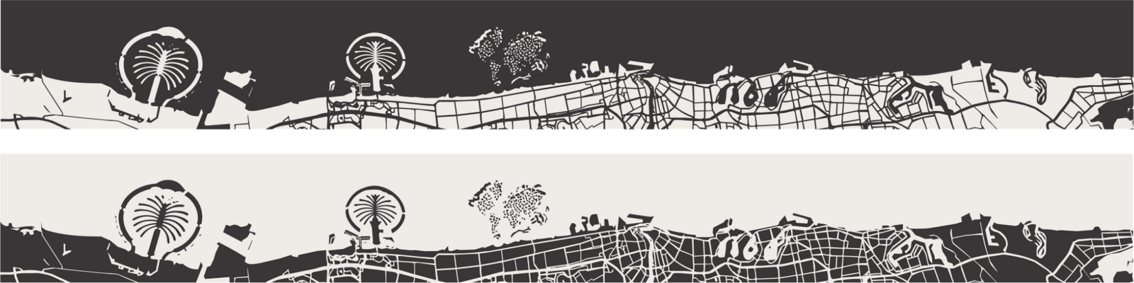 Both colourways of the Dubai it wristband artwork: the Dubai coastline and street grid, black ground above and cream ground below